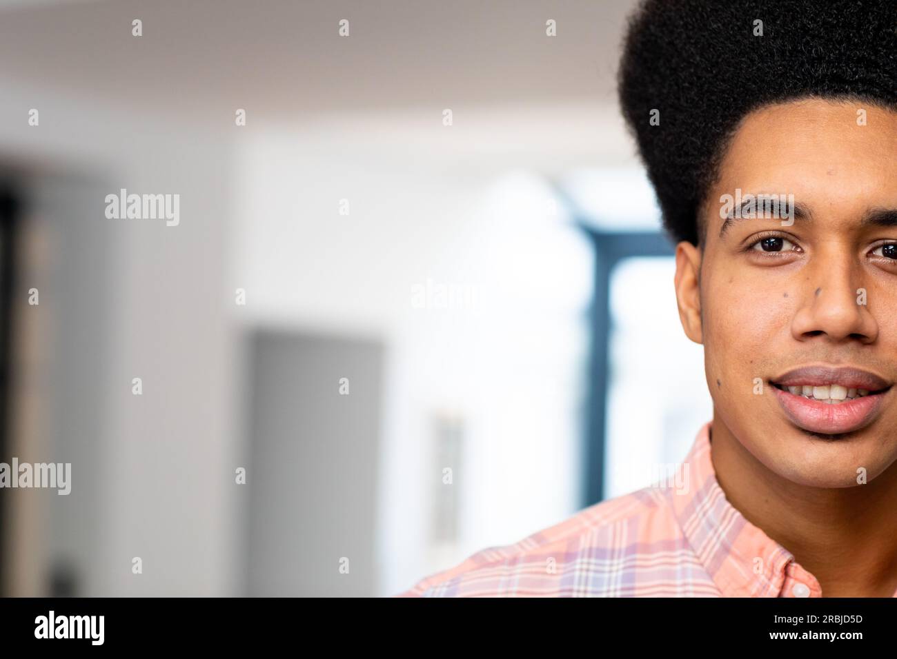 Portrait of happy biracial man with high top haircut smiling in sunny hallway at home, copy space. Wellbeing, lifestyle and domestic life, unaltered. Stock Photo