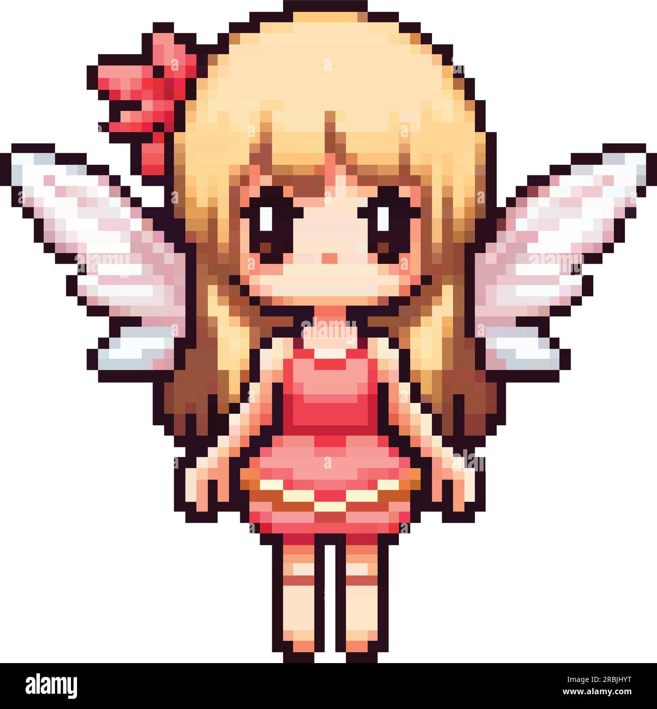 8-bit pixel art of a blond fairy character wearing a pink dress and a flower in her hair Stock Vector