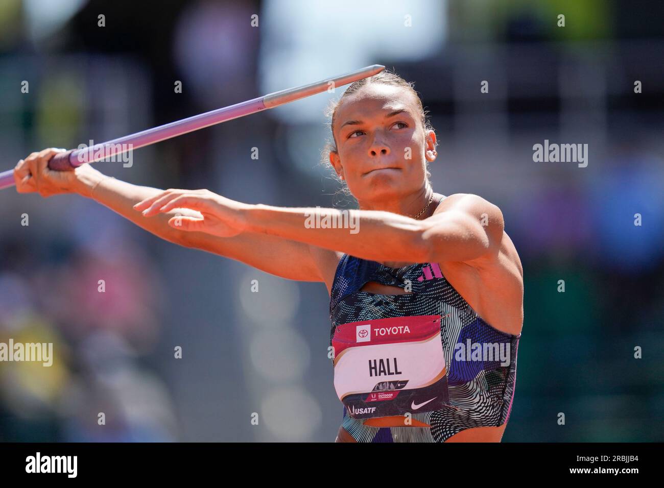 Anna Hall competes in the javelin throw for the women's heptathlon