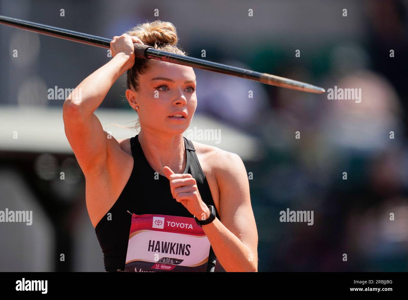 Chari Hawkins competes in the javelin throw for the women's heptathlon