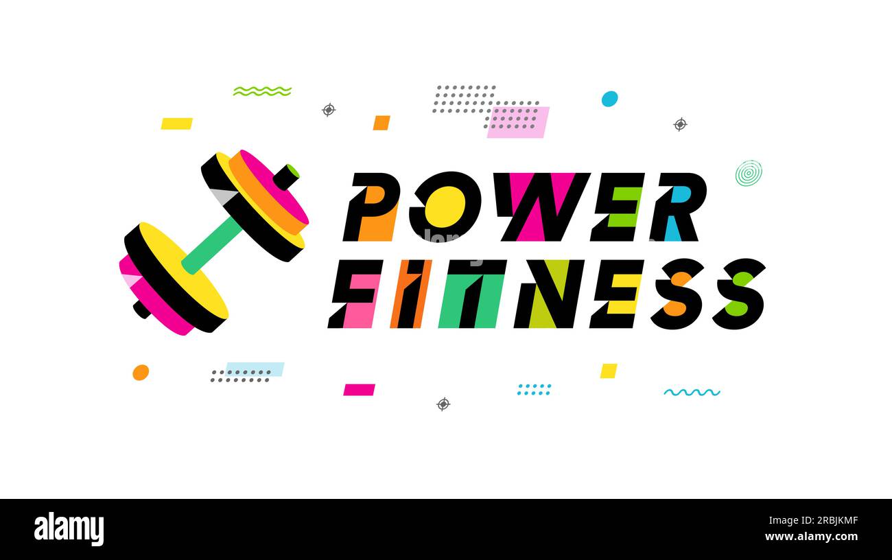 Power fitness logo. Vector emblem with colored dumbbell and letterig for fit gym sport design or bodybuilder symbol Stock Vector