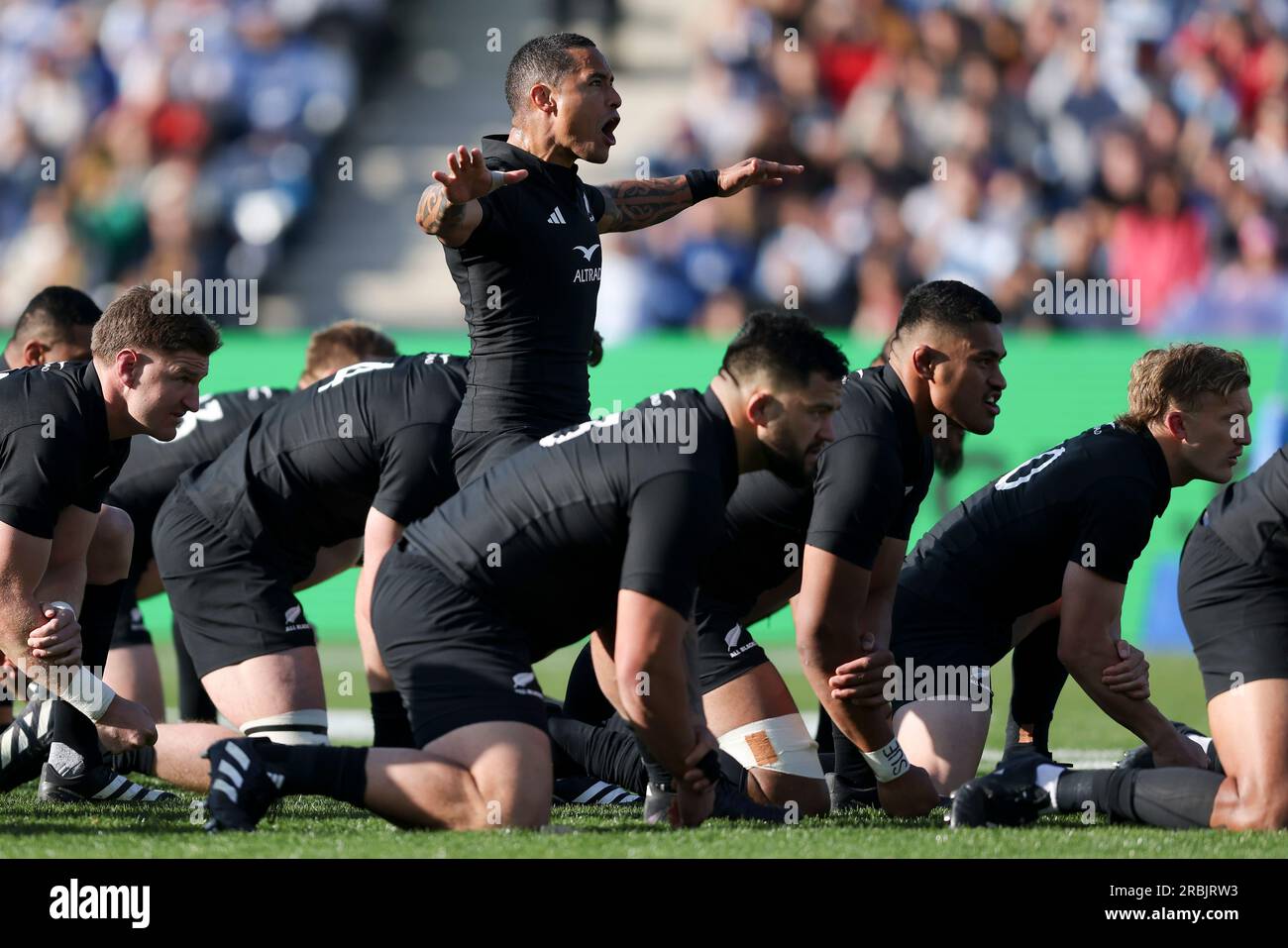 New Zealand's All Blacks perform a haka ahead of a rugby championship match  against Argentina's Los Pumas, at Malvinas Argentinas stadium in Mendoza,  Argentina, Saturday, July 8, 2023. (AP Photo/Nicolas Aguilera Stock