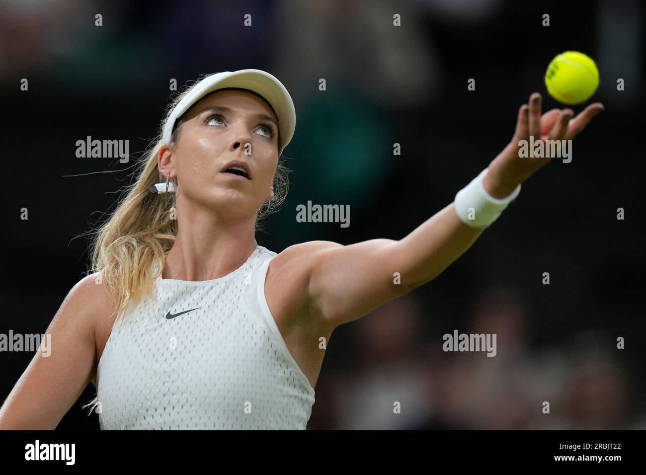 Britain's Katie Boulter serves to Kazakhstan's Elena Rybakina in a