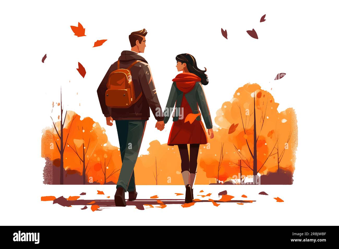 ui set vector illustration of couple in love walking in autumn park ...