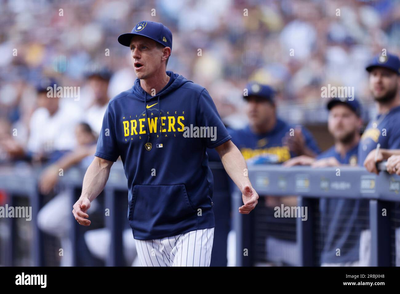 MILWAUKEE, WI - JULY 08: Milwaukee Brewers manager Craig Counsell (30)  reacts after being ejected in the ninth inning of an MLB game against the  Cincinnati Reds on July 8, 2023 at