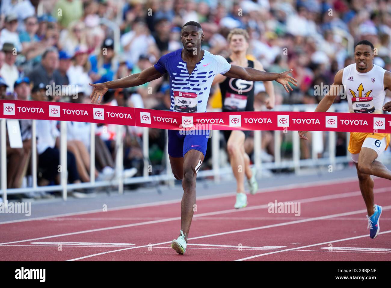 Bryce Deadmon crosses the finish line to win the men's 400 meter final