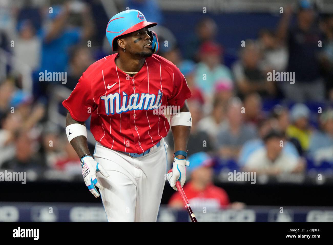 Miami Marlins' Jorge Soler watches after hitting a sacrifice fly 
