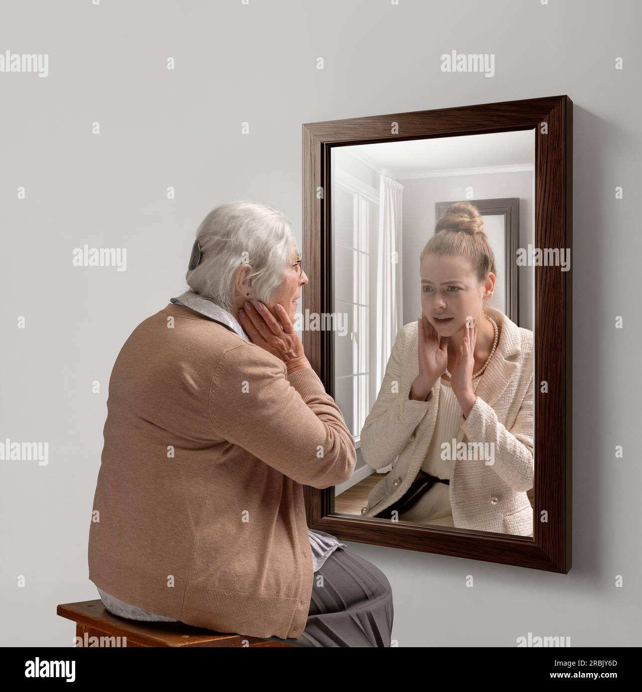 Creative conceptual college. Senior woman looking in mirror with