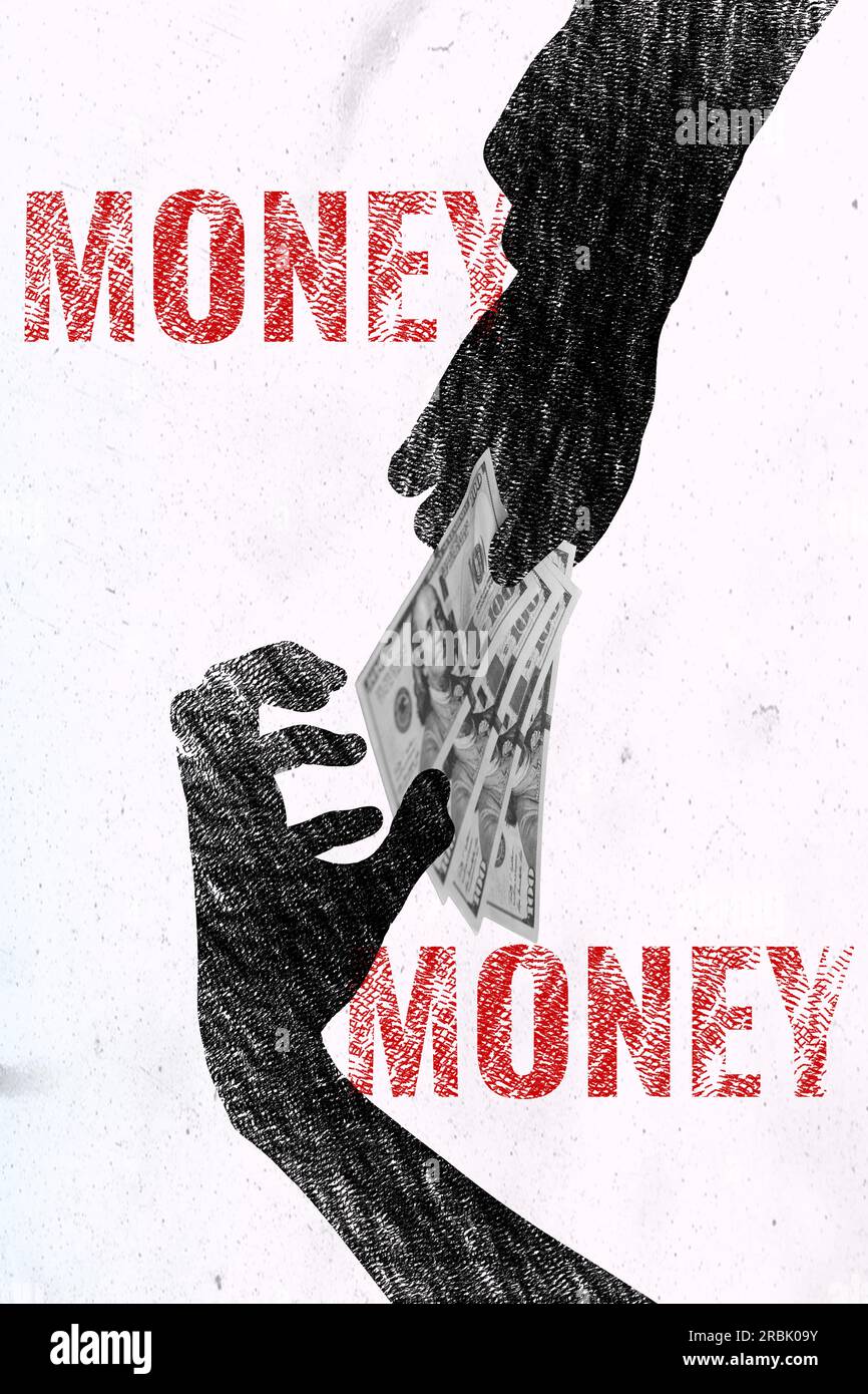 Vertical composite collage of hands trading finance dollars banknotes