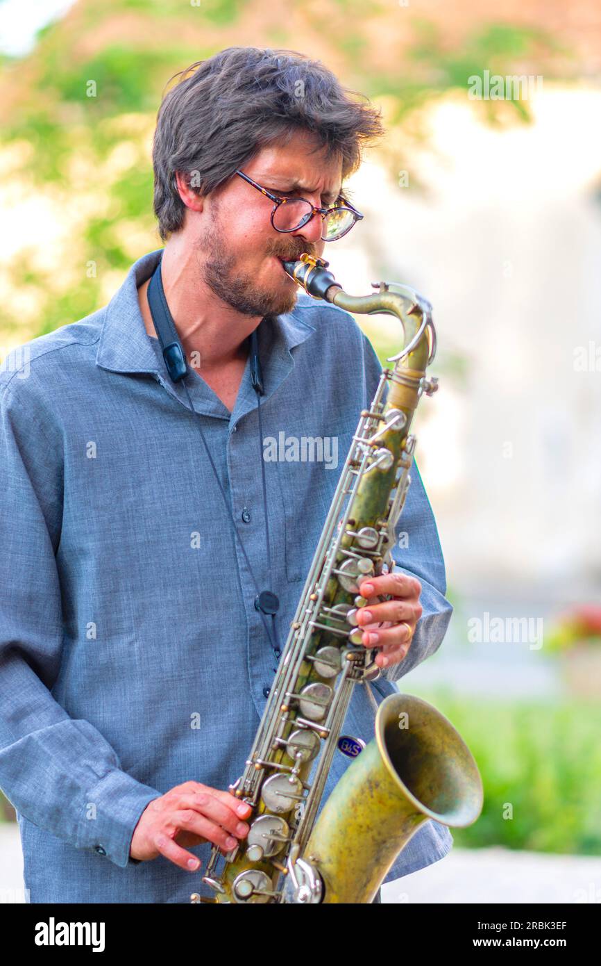 Saxophone player of the "Tree" jazz trio — Boussay, Indre-et-Loire (37), France. Stock Photo