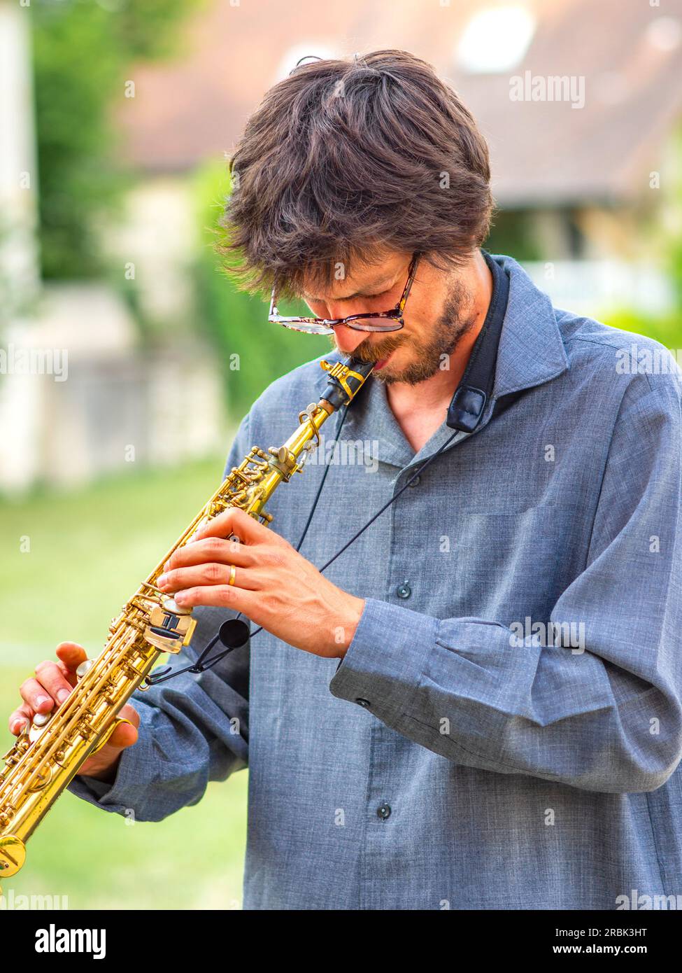 Saxophone player of the "Tree" jazz trio — Boussay, Indre-et-Loire (37), France. Stock Photo
