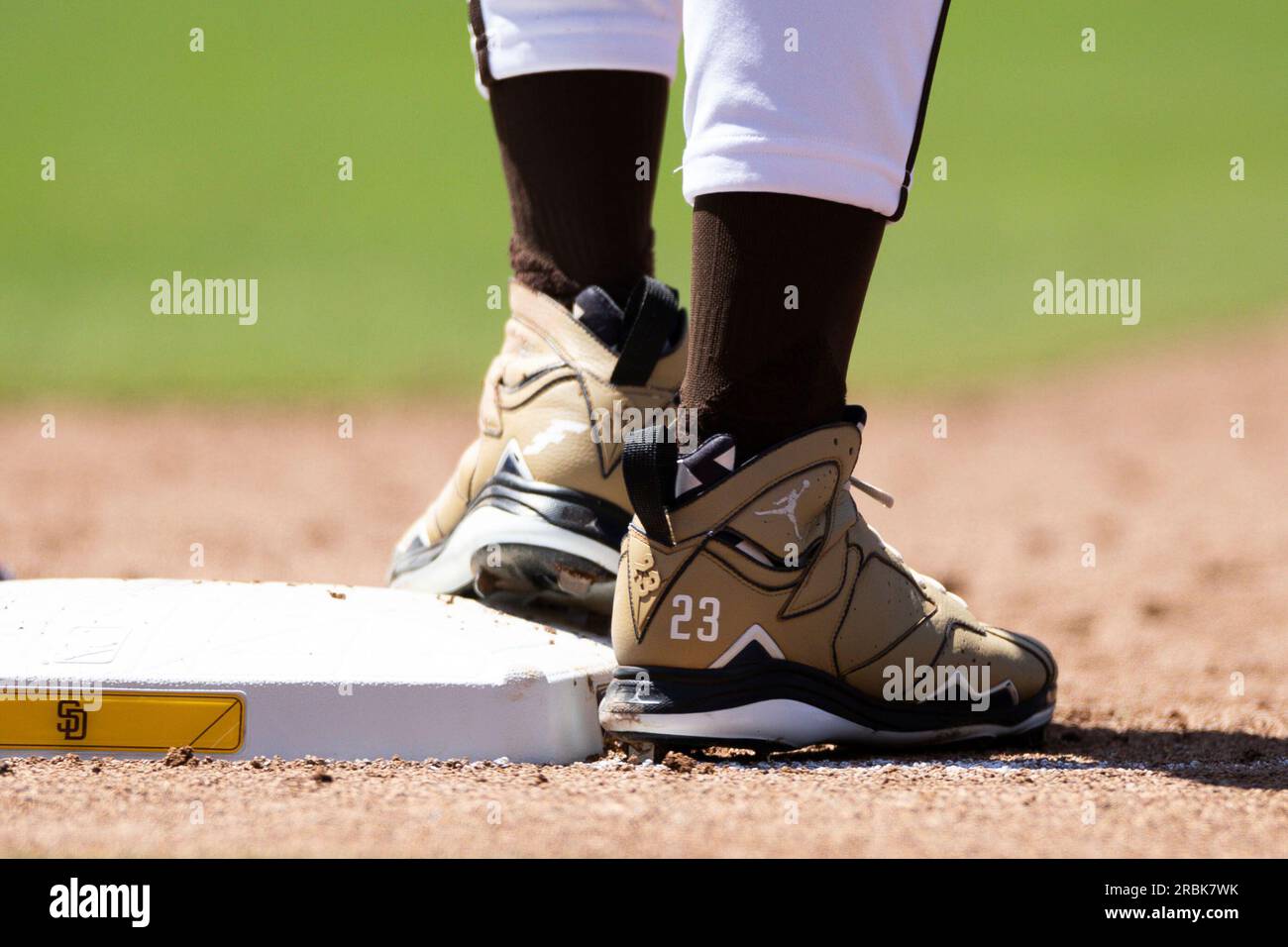 A detail view of San Diego Padres' Fernando Tatis Jr.'s Air Jordan cleats  in a baseball game against the New York Mets Sunday, July 9, 2023, in San  Diego. (AP Photo/Derrick Tuskan