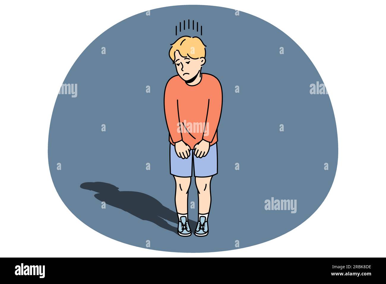 Unhappy small boy child feel insecure and lonely. Upset little kid suffer from loneliness or solitude, lack communication. Children problem. Vector illustration. Stock Vector