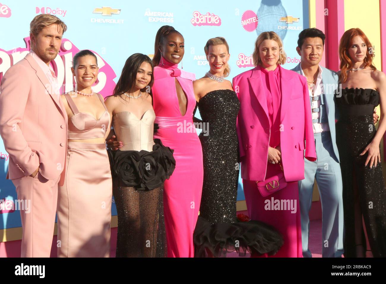 LOS ANGELES - JUL 9:  Ryan Gosling, America Ferrera, Ariana Greenblatt, Issa Rae, Margot Robbie Greta Gerwig, Simu Liu, Hari Nef at the Barbie World Premiere at the Shrine Auditorium on July 9, 2023 in Los Angeles, CA Stock Photo