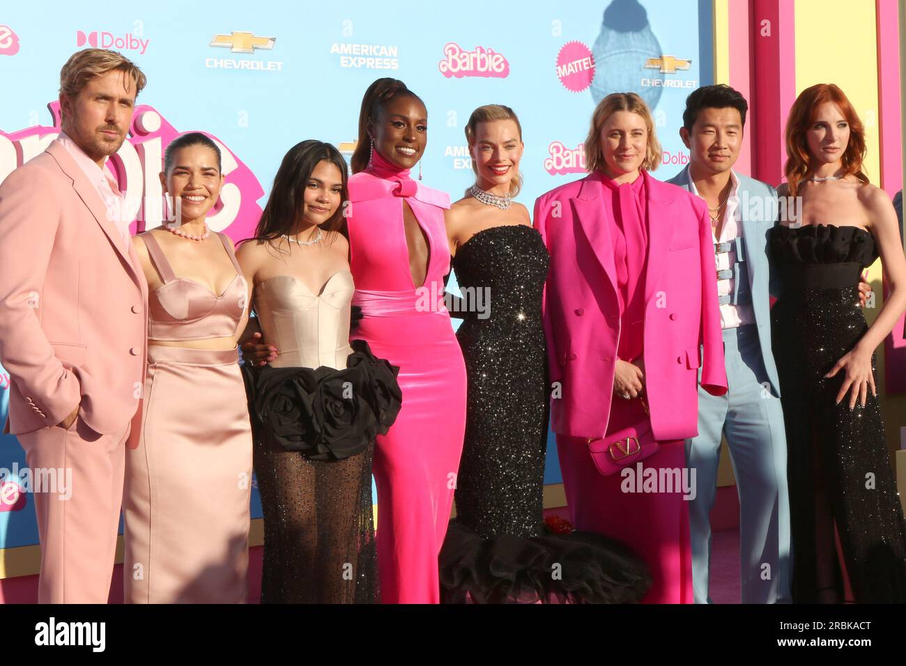 LOS ANGELES - JUL 9:  Ryan Gosling, America Ferrera, Ariana Greenblatt, Issa Rae, Margot Robbie Greta Gerwig, Simu Liu, Hari Nef at the Barbie World Premiere at the Shrine Auditorium on July 9, 2023 in Los Angeles, CA Stock Photo