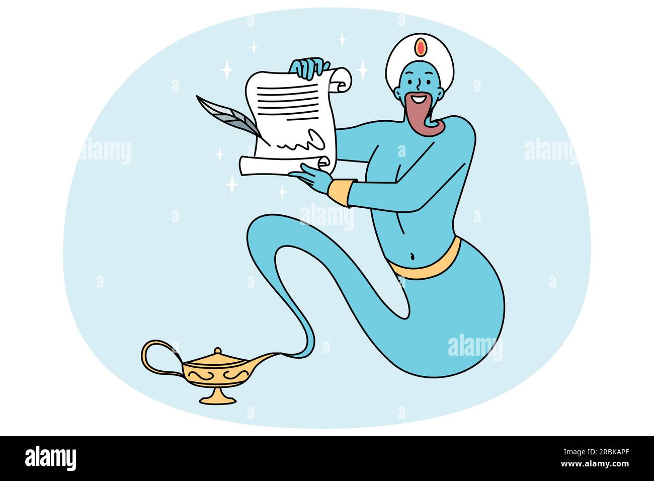 Blue genie from golden bottle holding paper granting wishes. Jinn 