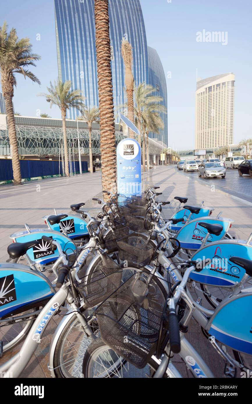 UAE, Dubai, cycle park showing hire bikes near the Dubai Mall Stock
