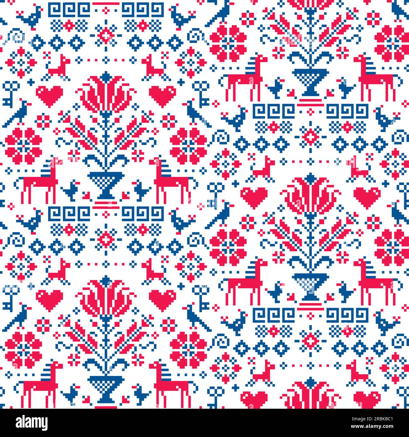 Retro ross stitch vector seamless folk art single pattern with flowers, birds and dogs - pixelated ornament inspired German folk art Stock Vector