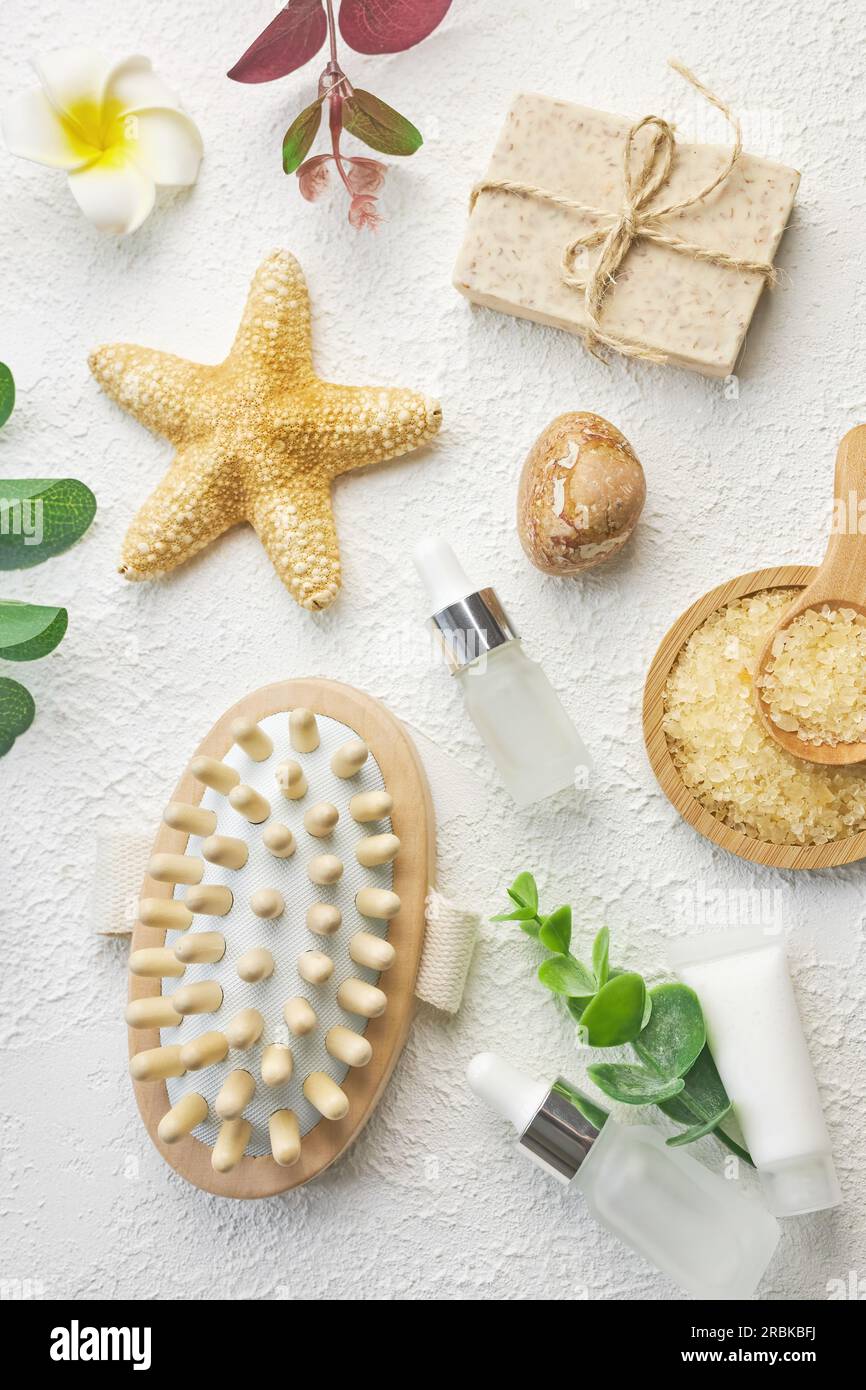 Cosmetic, massage and bath accessories set on white texture background Stock Photo Alamy