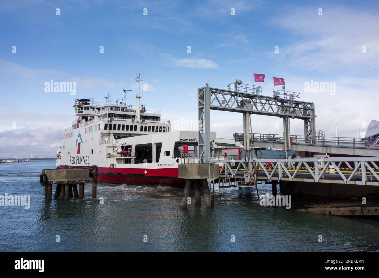 Red Funnel ferry arriving at port in East Cowes in Isle of Wight, UK