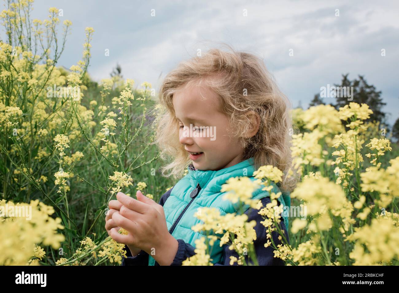young girl sat in a field of yellow flowers smiling Stock Photo - Alamy
