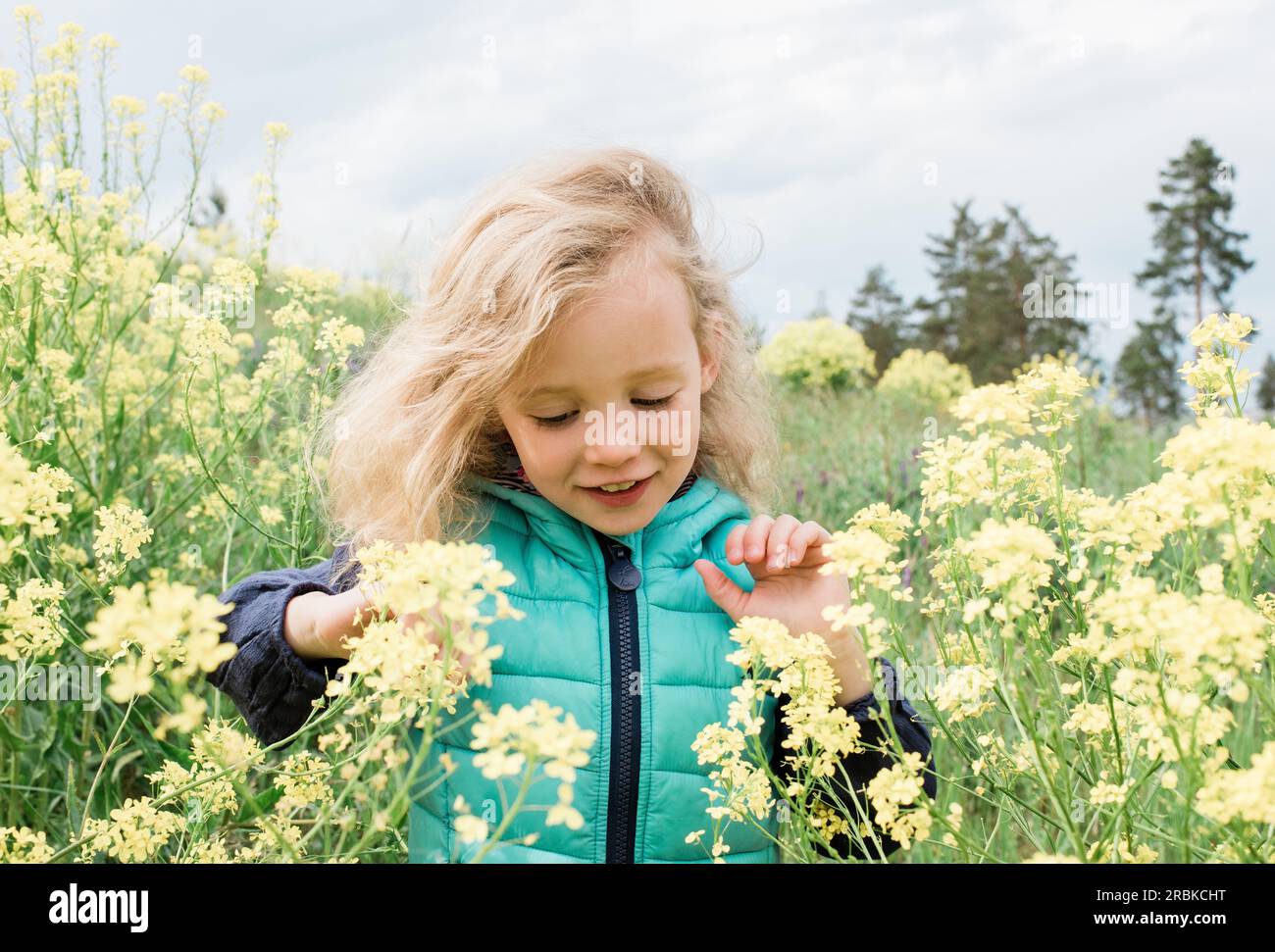 young girl walking through a field of yellow flowers smiling Stock ...