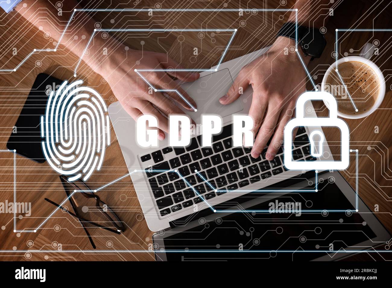 General Data Protection Regulation. Man working with laptop, top view