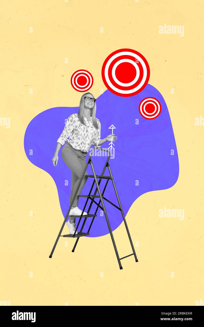 Collage artwork picture of purposeful lady walking ladder up getting ...