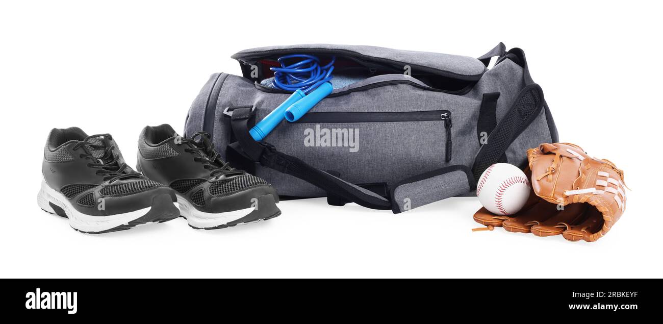 Gym bag with sports equipment on white background Stock Photo - Alamy
