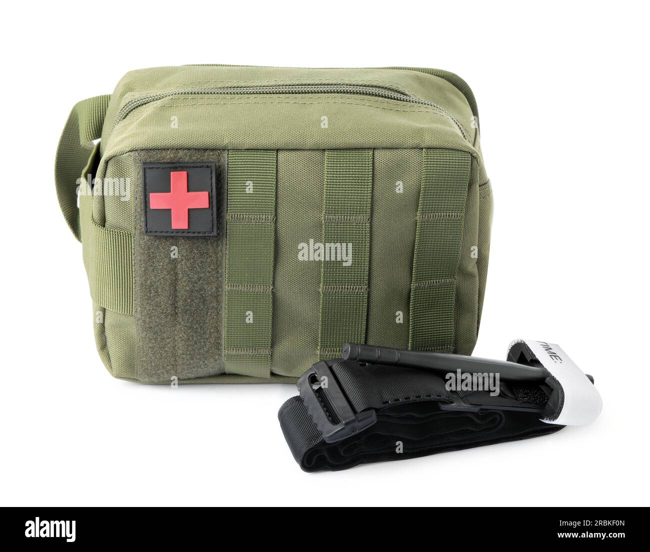 Military first aid kit and tourniquet on white background Stock Photo