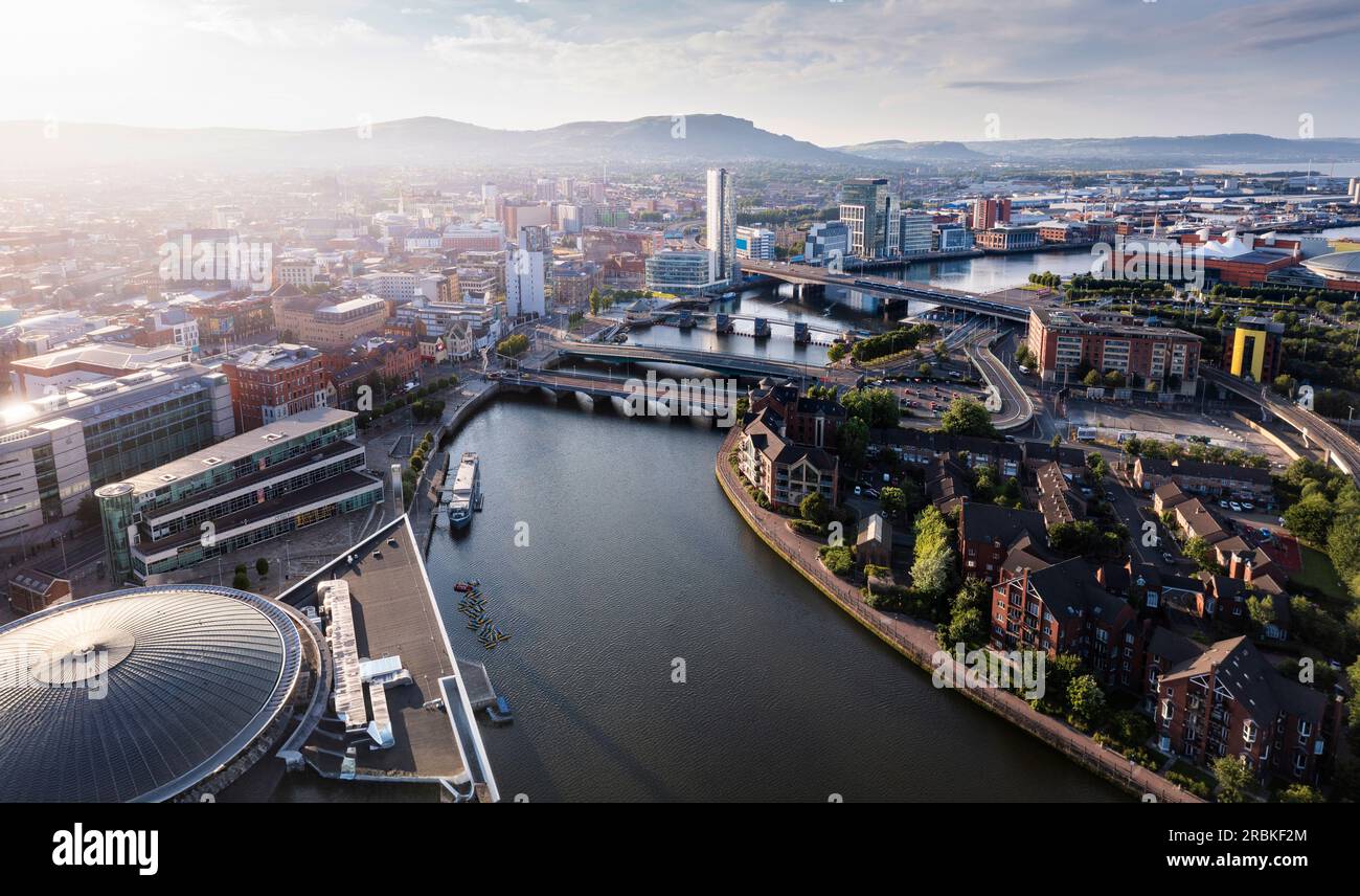 Aerial views over River Lagan, Belfast, Northern Ireland Stock Photo ...