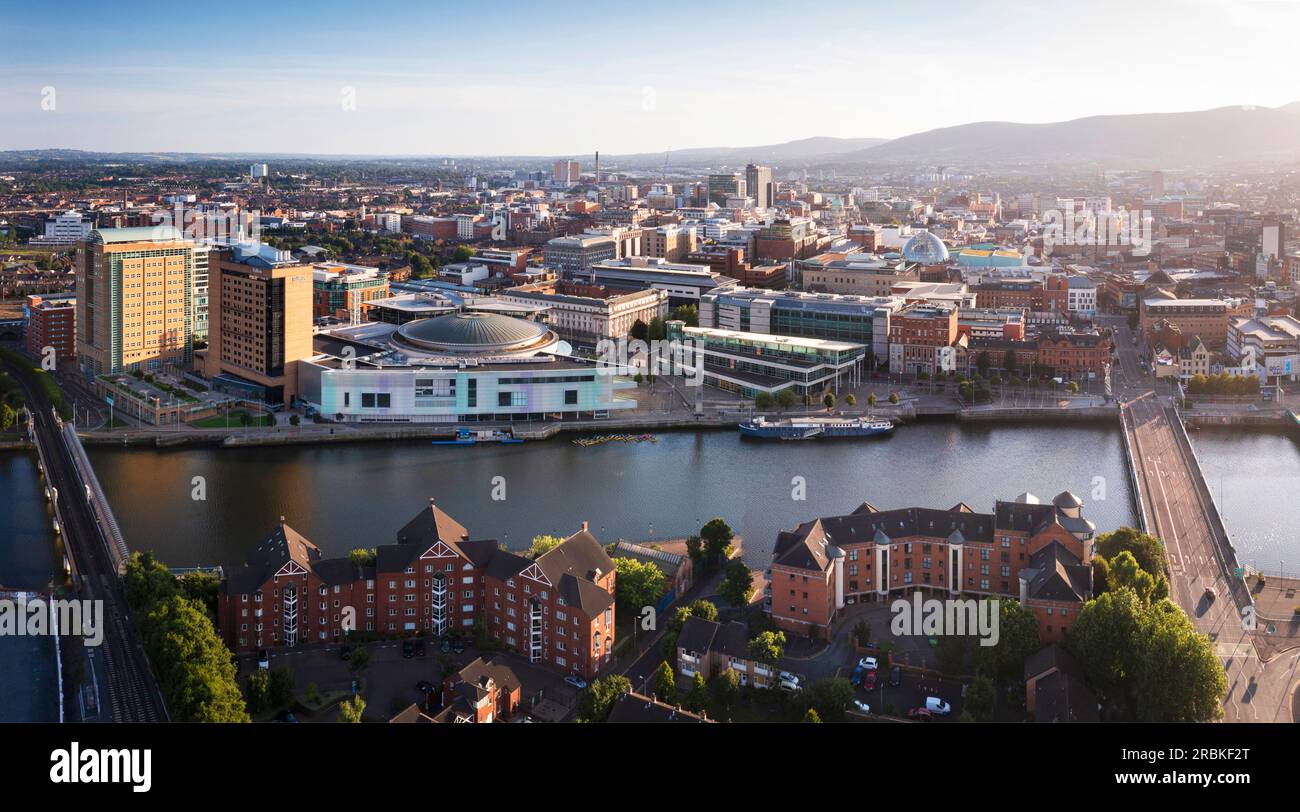Aerial views over River Lagan, Belfast, Northern Ireland Stock Photo ...
