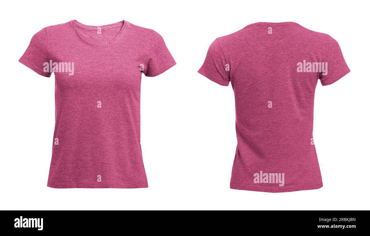 Pink female t-shirt realistic mockup set from front and back view