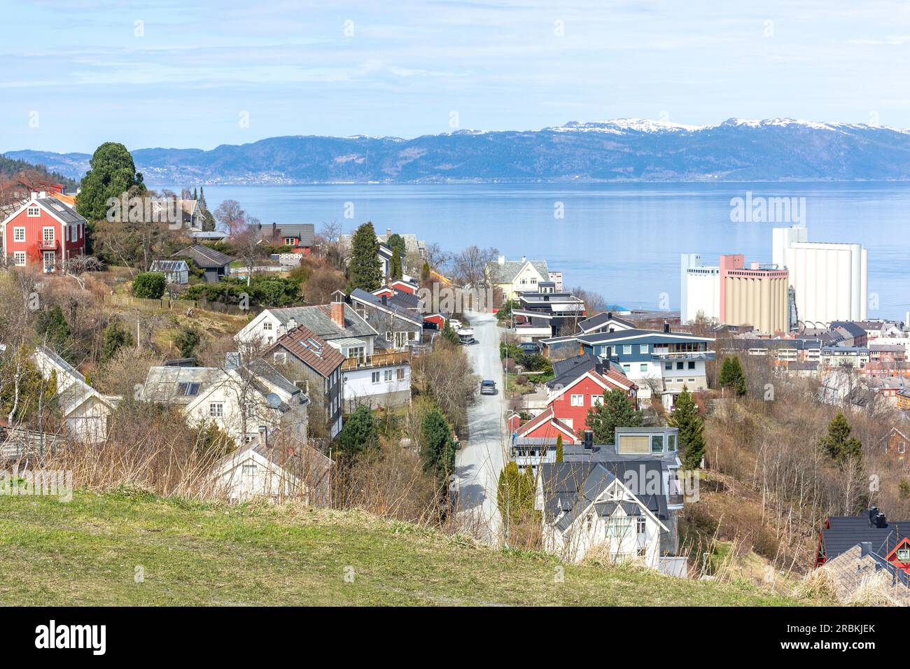 City and mountain view from Utsikten Ekeberg Scenic Lookout, Trollstien, Trondheim, Trøndelag County, Norway Stock Photo