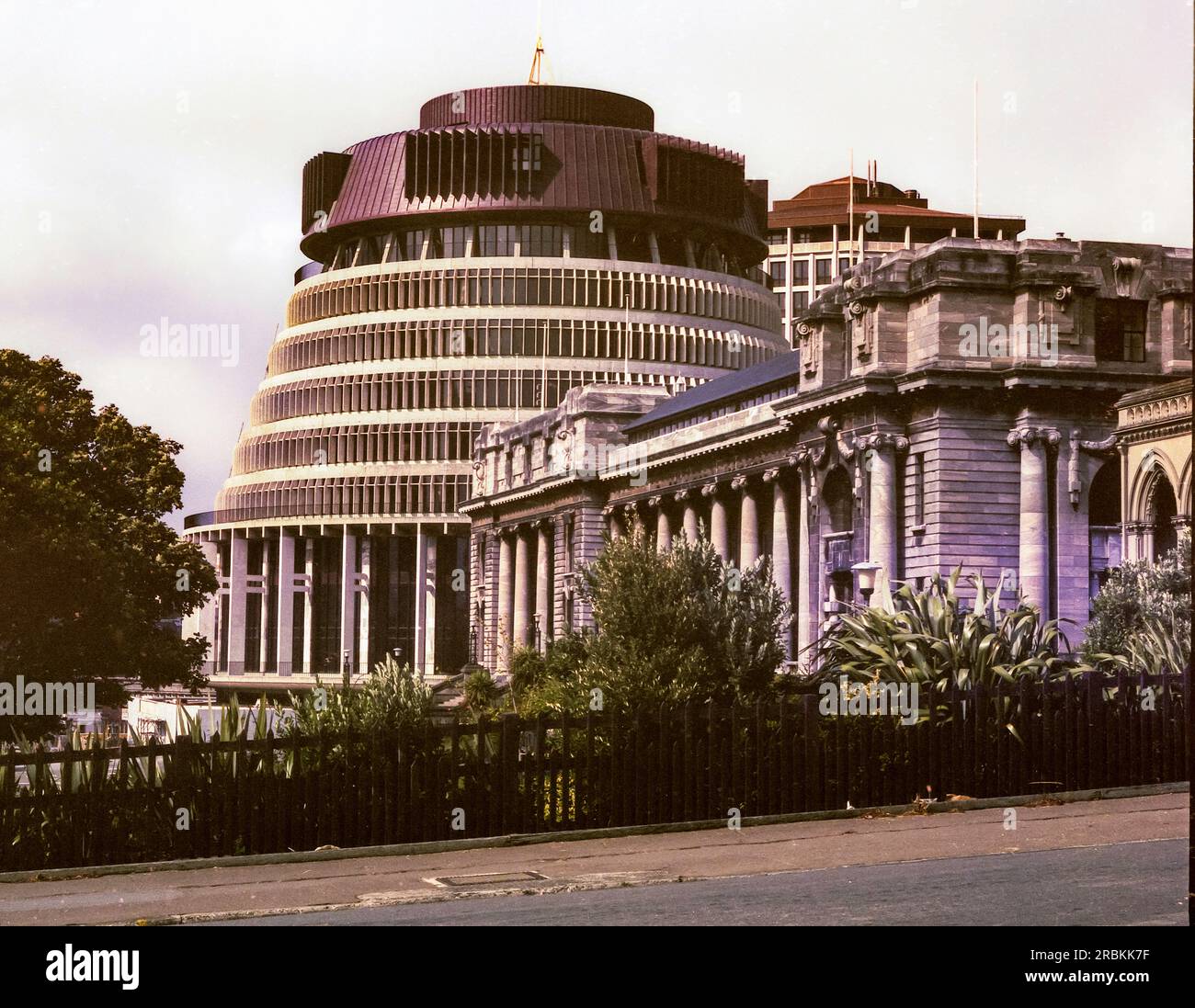 A 1981 historical image of The Beehive (Te Whare Mīere), the common name for the Executive Wing of New Zealand Parliament Buildings in the city of Wellington on the north island of New Zealand. 1981 was the year the building was finally completed after construction began in 1969. Stock Photo