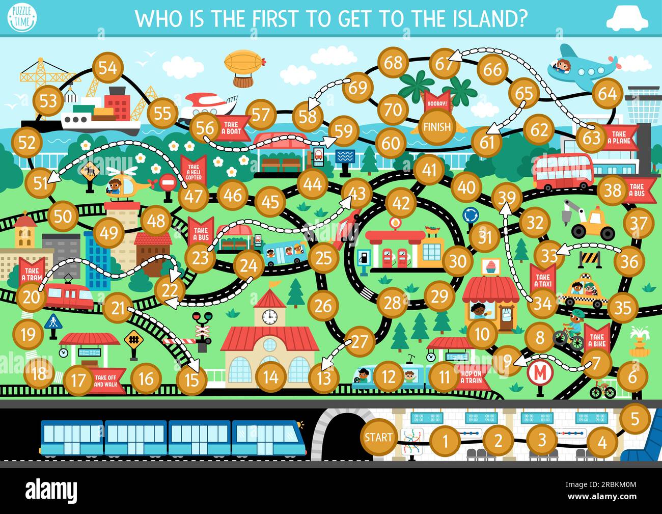 City transport dice board game for children with railway, roads, metro