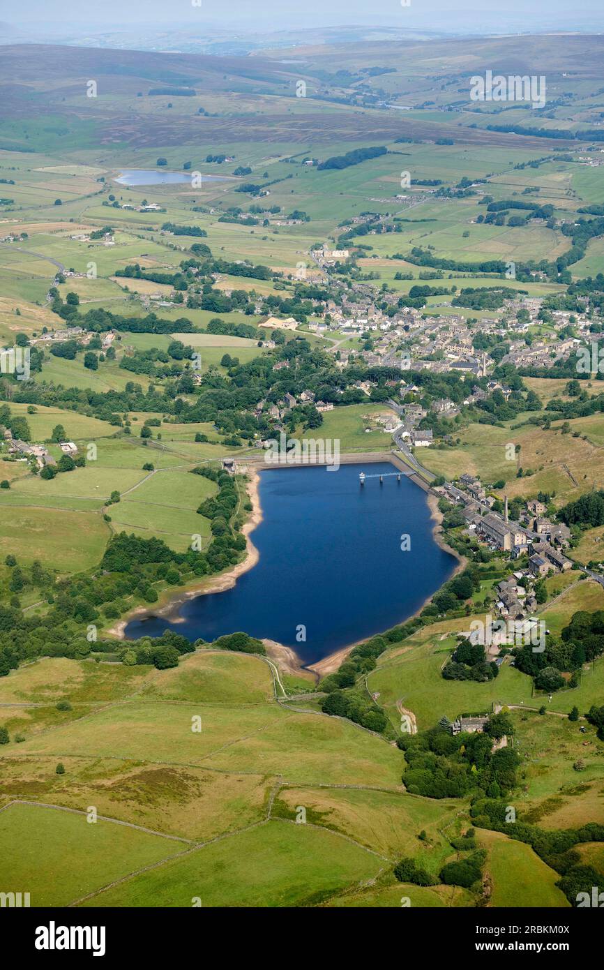 An Aerial view of Leeming reservoir, Oakworth, on the edge of the pennines, West Yorkshire, northern England, UK Stock Photo
