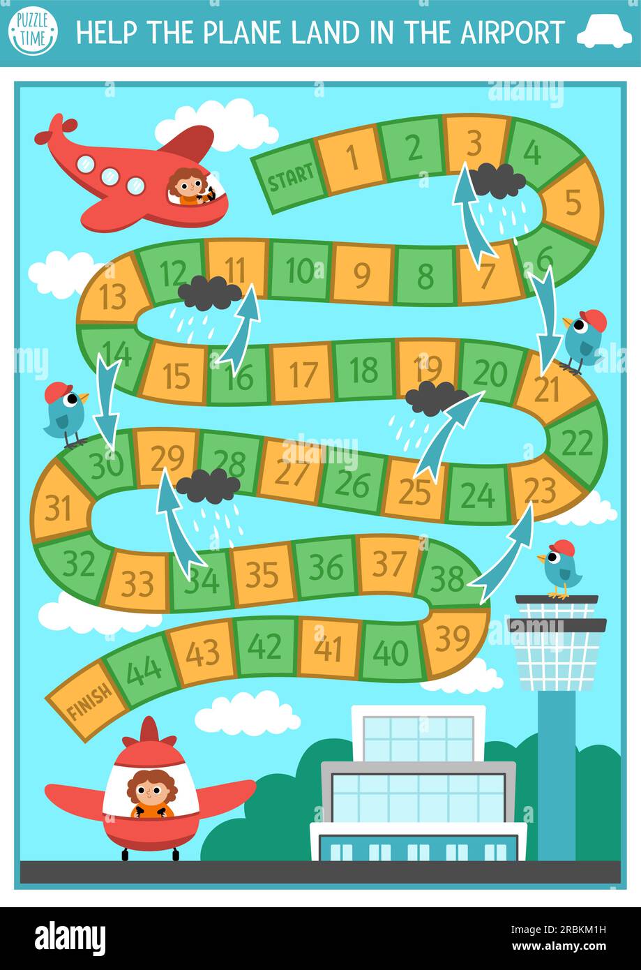 City transport dice board game for children with landing airplane and