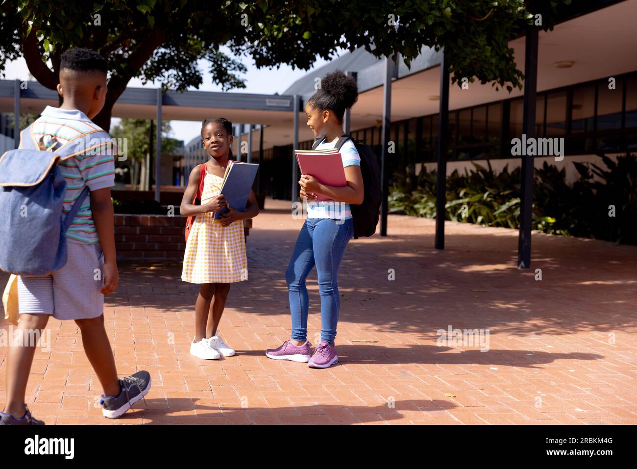 Happy african american schoolchildren wearing school bags and spending time in school yard Stock