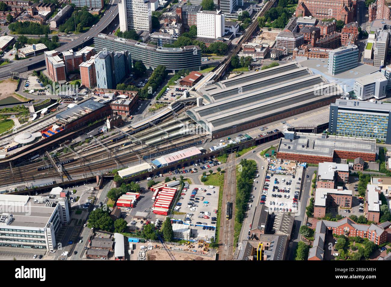 Manchester Piccadilly Station, City Centre, northern England, Lancashire, UK, from the air, Stock Photo