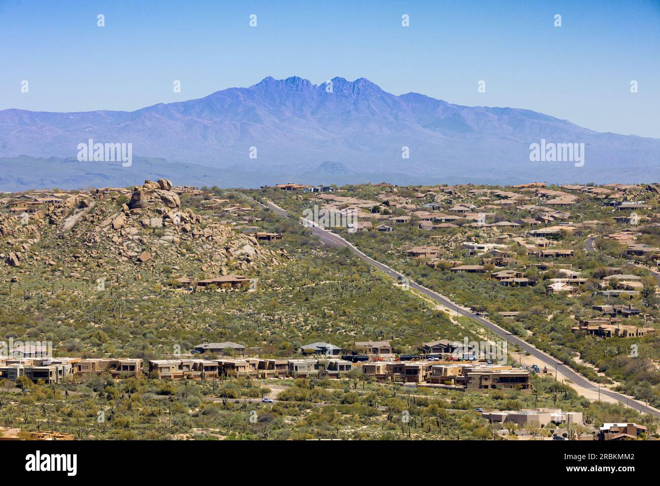 View over the E Jomax Road to the Four Peaks, USA, Arizona, Pinnacle Peak, Scottsdale Stock Photo