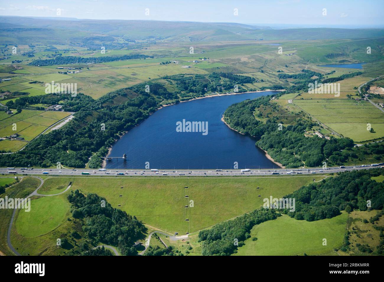 An aerial photograph of Scammondon dam on the M62 Transpennine Motorway, West Yorkshire, northern England, UK Stock Photo