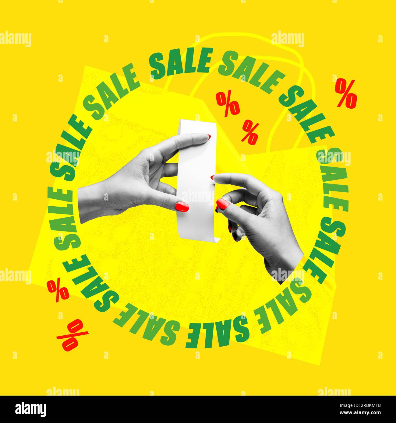 Contemporary art collage. Female hands holding cheque. Big sales season ...