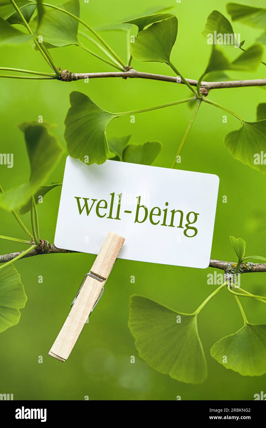 memo sheet at a Ginkgo lettering well-being Stock Photo