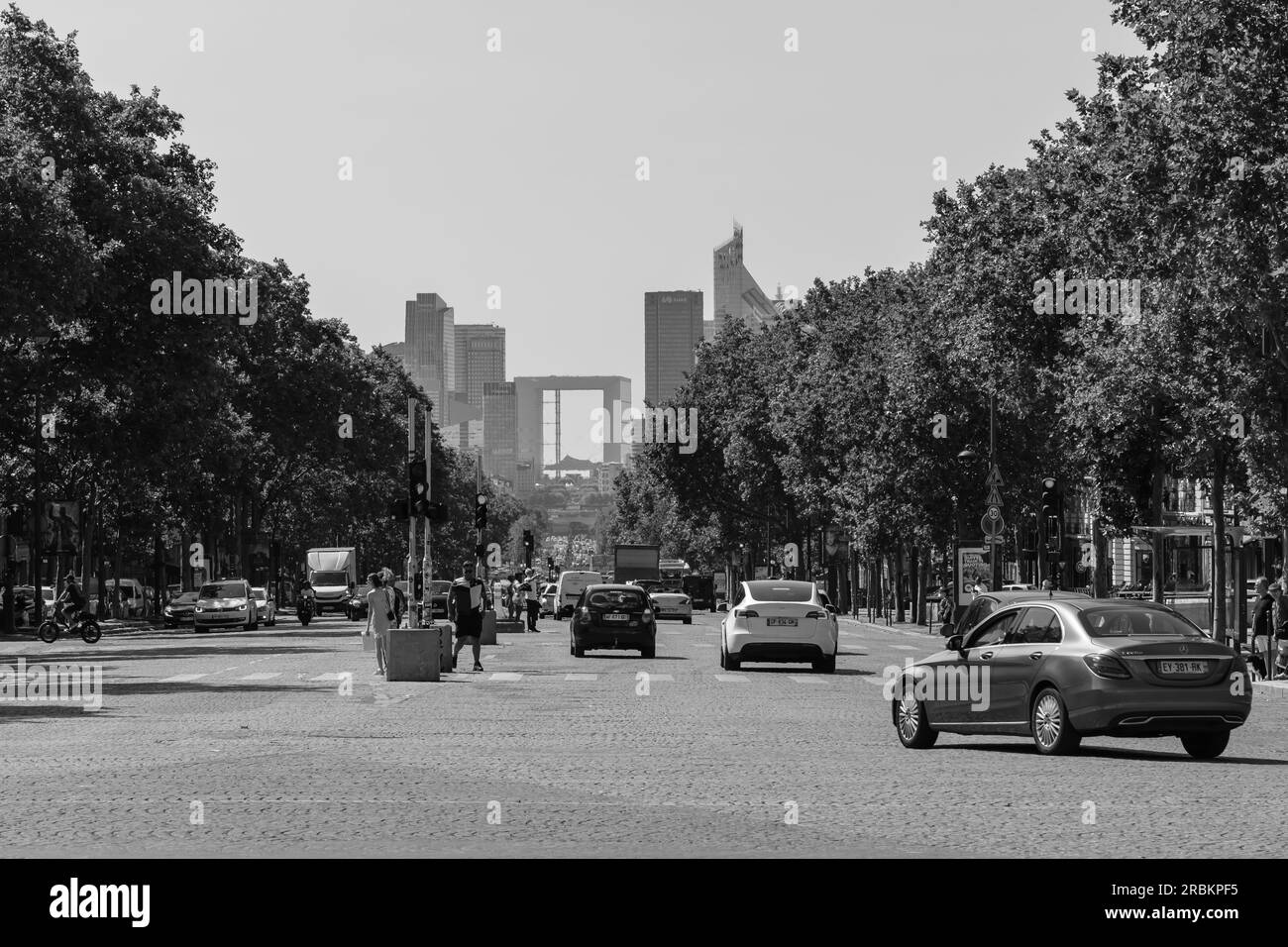 Paris, France - June 25, 2023 : The Avenue Grande Armee and La Defense in the background in Paris France in black and white Stock Photo