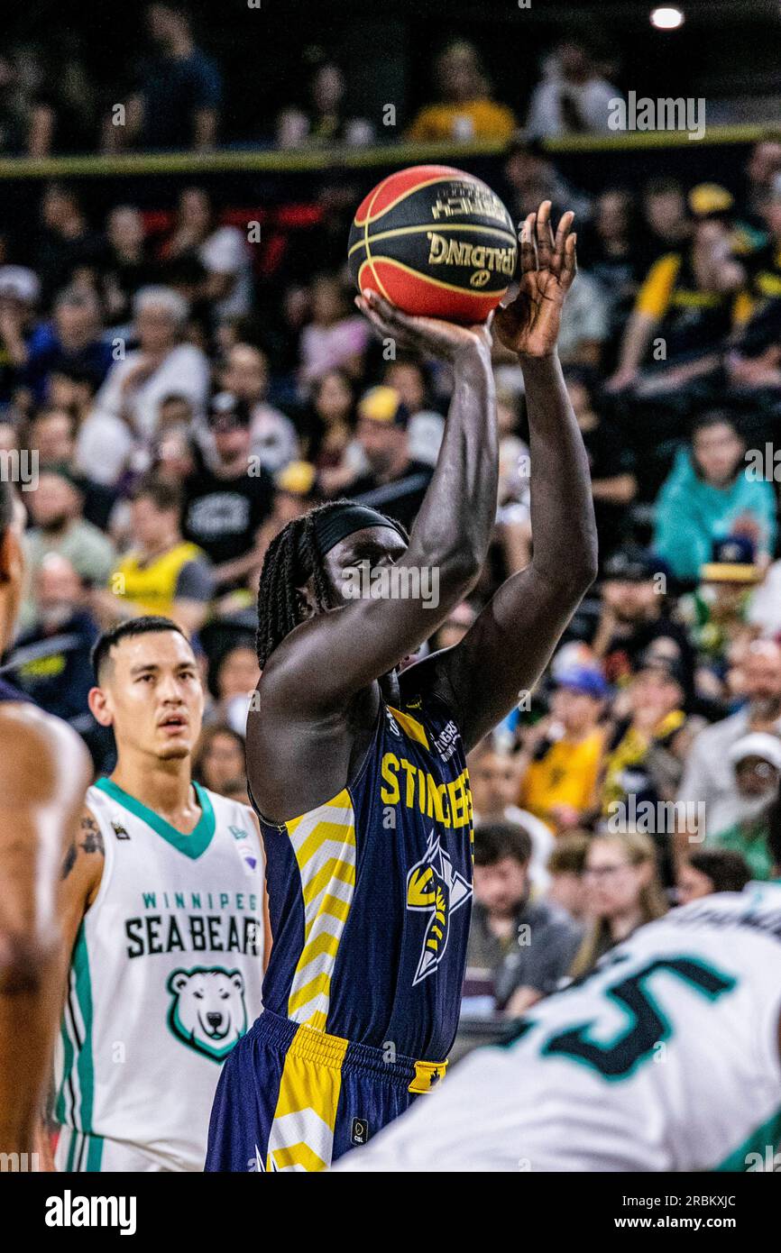 Edmonton, Canada. 08th July, 2023. Edmonton Stinger's (3) Aher Uguak (F) shoots from the free throw line after being fouled in 2023 CEBL Season Action against the Winnipeg Seabears. Winnipeg Seabears 99:95 Edmonton Stingers Credit: SOPA Images Limited/Alamy Live News Stock Photo