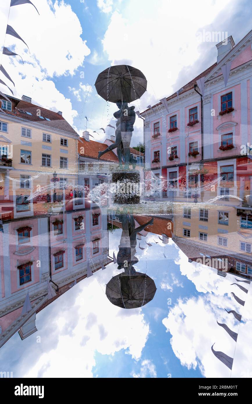 Double exposure of the town square of Tartu with the statue of the kissing students, Estonia. Stock Photo