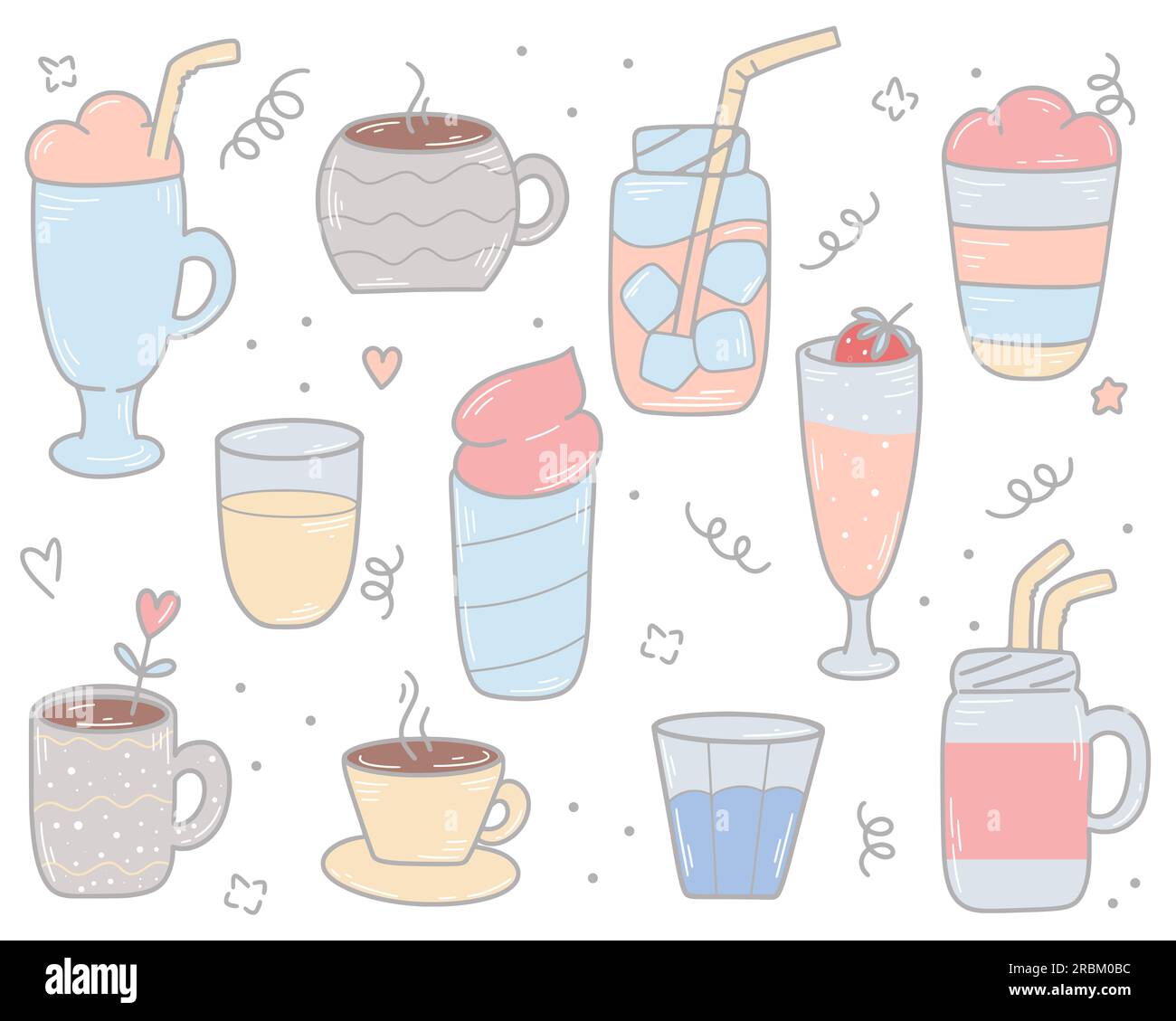 Various drinks hand drawn set. Cocktail, smoothie, lemonade, tea, coffee, soda, beverage, water doodle illustration. Refreshing and warming drinks Stock Photo