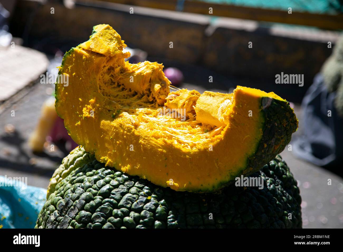 Zapallo in a street food market in Arequipa. The pumpkin macre or zapallo is a vegetable native to South America with greater presence in Peru. Stock Photo
