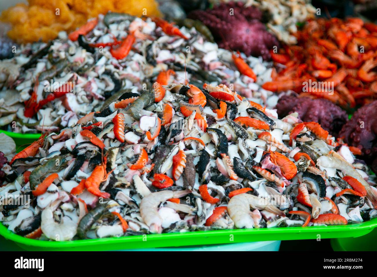 Peruvian crustaceans and mollusks. Fish stalls at Sant Camilo food market in Arequipa, Peru. Stock Photo
